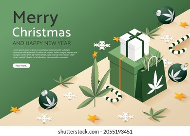 Christmas tree with house on set gift boxes big and paper bag marijuana. Merry christmas and happy new year. isometric vector illustration.