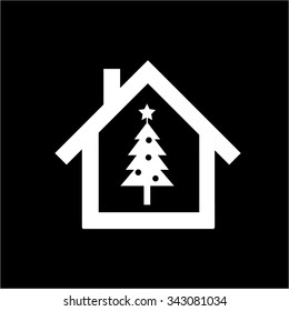 Christmas tree in the house vector icon | white flat design pictogram illustration and infographic isolated on black background