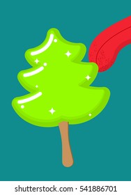 Christmas tree ice cream pistachio lick. Popsicle on stick in form of green fir-tree Licking tongue. Sweets for Xmas. Dessert for new year