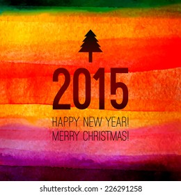 Christmas tree icon with 2015 label and text. Happy New year and Merry Christmas banner. Xmas vector abstract watercolor background. Colorful watercolor painting. Vector illustration. Xmas decoration.