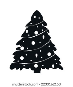 Christmas tree icon. Balls and cones next to garlands. Festival, event and holiday. Design element for greeting and invitation cards. Aesthetics and elegance. Cartoon flat vector illustration