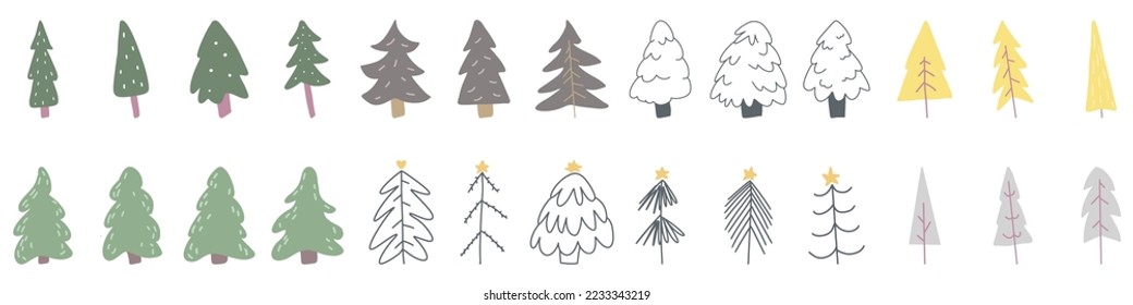 Christmas tree icon. Big set of cute fir tree icons. Vector illustration. Holiday hand drawn decoration
