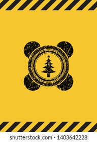 christmas tree icon black grunge emblem, yellow warning sign. Vector Illustration. Detailed.