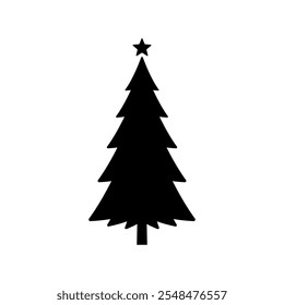 Ícone da árvore de Natal. Silhueta preta. Vista frontal. Ilustração gráfica plana simples vetorial. Objeto isolado no plano de fundo branco. Isolar.