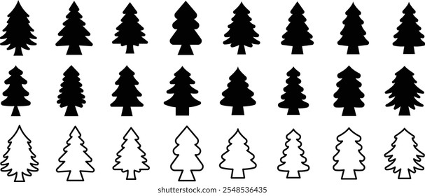 Christmas tree icon. Black Christmas Tree Silhouette Vector Set. Set of black Christmas pine tree icons on white background. Pine vector silhouette. Christmas pine tree set.