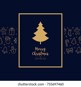 christmas tree icon card elements golden text greeting frame blue background