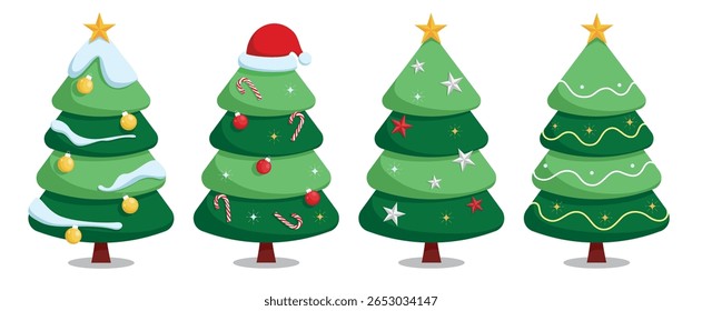 Christmas tree icon clipart set. Snowy Christmas tree with colorful xmas balls, stars, candy cane and Santa hat elements clip art collection for winter decoration in white background vector 