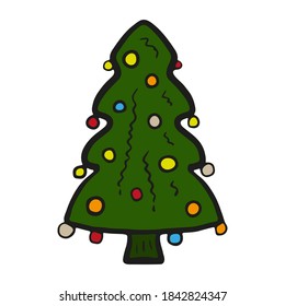 Christmas tree icon. Colored outline sketch drawing. Vector flat graphic hand drawn illustration. The isolated object on a white background. Isolate.