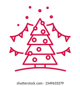 Christmas tree icon. Decorated with ball ornaments and flags. Winter holidays festive decor traditional item. Red linear minimal graphic vector illustration on white background.