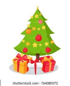Christmas tree icon decorated by star shape garlands and balls isolated. Symbol of Xmas and New Year, spruce plant, evergreen pine vector with gifts