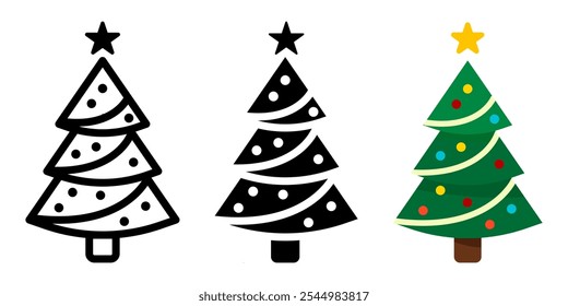 Christmas tree icon. Decorated pine color icon. Happy new year and xmas symbol. Winter holiday sign.