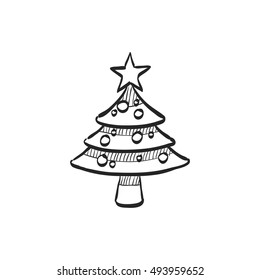 Christmas tree icon in doodle sketch lines.