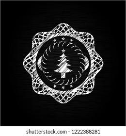 christmas tree icon drawn chalk emblem, retro style, chalk or chalkboard texture