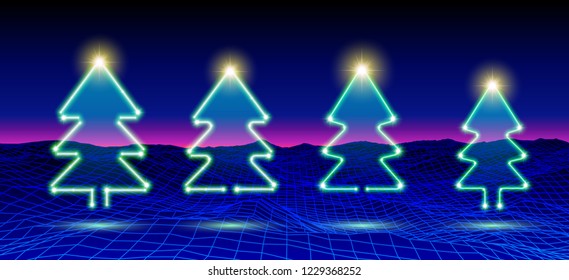 Christmas tree icon or element with neon style for 80s styled party or retro discount flyer