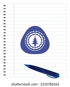christmas tree icon emblem drawn with pen. Blue ink. Vector Illustration. Detailed. 