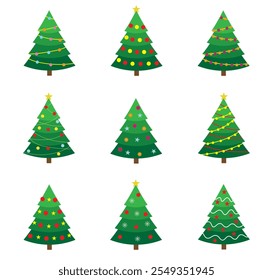 Christmas tree. Tree icon in flat design. Xmas cartoon background. Christmas tree illustration isolated on white. Collection pines with garland, star, balls and snowflakes.