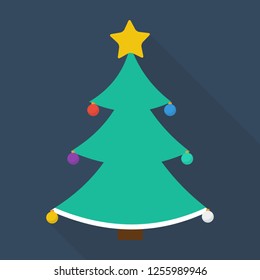 christmas tree icon in flat style with long shadow,isolated vector illustration on blue transparent background.