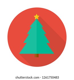 christmas tree icon in flat style with long shadow,isolated vector illustration on white transparent background.