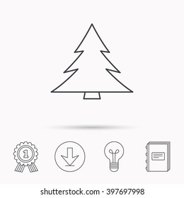 Christmas tree icon. Forest or nature sign. Traditional plant symbol. Download arrow, lamp, learn book and award medal icons.