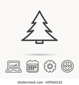 Christmas tree icon. Forest or nature sign. Traditional plant symbol. Notebook, Calendar and Cogwheel signs. Download arrow web icon. Vector