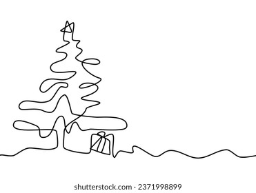 The christmas tree icon is hand drawn in continuous lines. Christmas concept background with copy space. abstract linear vector illustration