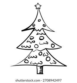 Christmas tree icon hand drawn, doodle sketch black line art