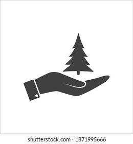 Christmas tree icon in hand on white background.
