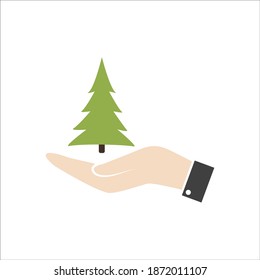 Christmas tree icon in hand on white background.