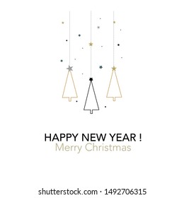 Christmas tree icon. Hanging simple black and gold pine tree. Happy new year greeting card