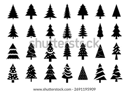 Christmas tree icon. Holiday design elements set.  X-mas sign symbol, fir tree silhouettes. Vector illustration.