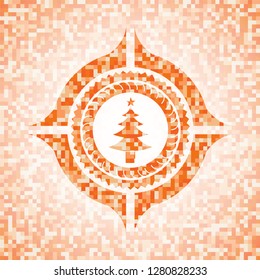 christmas tree icon inside abstract emblem, orange mosaic background