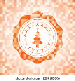 christmas tree icon inside abstract orange mosaic emblem with background