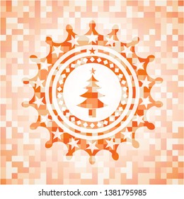 christmas tree icon inside abstract orange mosaic emblem