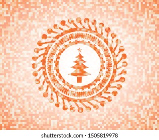 christmas tree icon inside abstract orange mosaic emblem