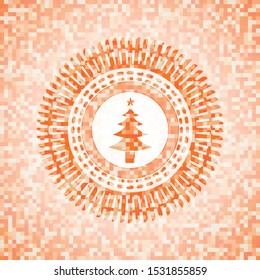 christmas tree icon inside abstract orange mosaic emblem