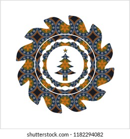 christmas tree icon inside arabesque style badge. arabic decoration.