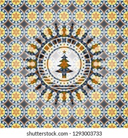 christmas tree icon inside arabesque emblem background. arabic decoration.