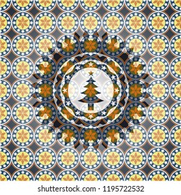 christmas tree icon inside arabic style emblem. Arabesque decoration.