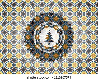 christmas tree icon inside arabic emblem background. Arabesque decoration.