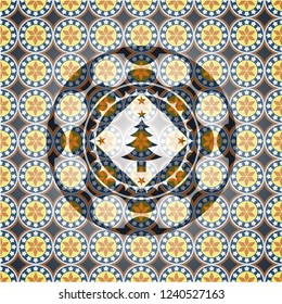 christmas tree icon inside arabic style emblem. Arabesque decoration.