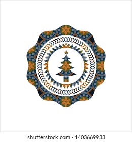 christmas tree icon inside arabic style badge. Arabesque decoration.