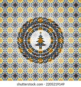 christmas tree icon inside arabic style badge. Arabesque decoration. 