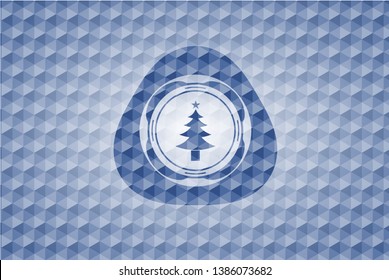 christmas tree icon inside blue polygonal emblem.