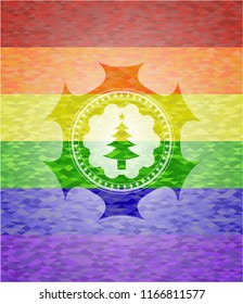christmas tree icon inside emblem on mosaic background with the colors of the LGBT flag
