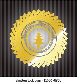 christmas tree icon inside gold badge or emblem