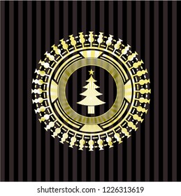 christmas tree icon inside gold badge or emblem