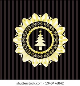 christmas tree icon inside gold shiny emblem