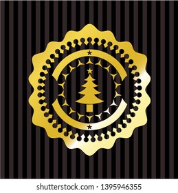 christmas tree icon inside gold emblem or badge