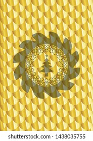 christmas tree icon inside gold badge. Scales pattern. Vector Illustration. Detailed.