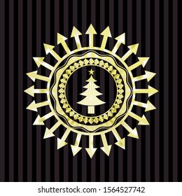 christmas tree icon inside gold shiny emblem